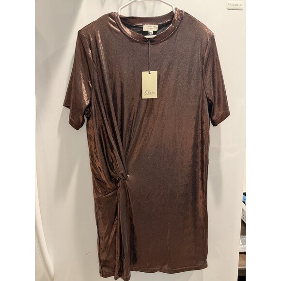 Elan Knotted Mini Tee Shirt  / T-Shirt Dress Metallic Crew Neck Short Sleeve  L - Picture 2 of 7